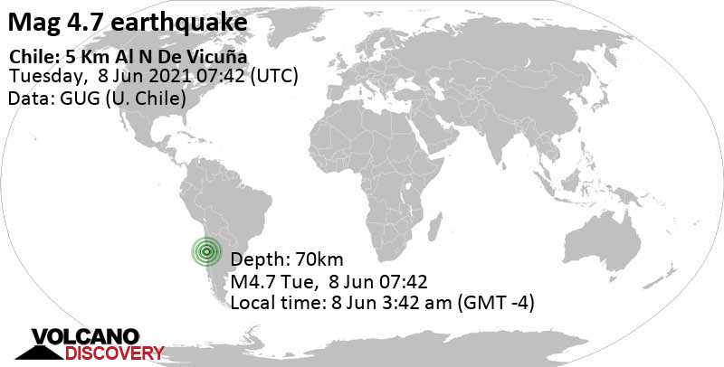Слабое землетрясение маг. 4.7 - 51 km к востоку от Ла-Серена, Provincia de Elqui, Coquimbo Region, Чили, 8 Jun 3:42 am (GMT -4)