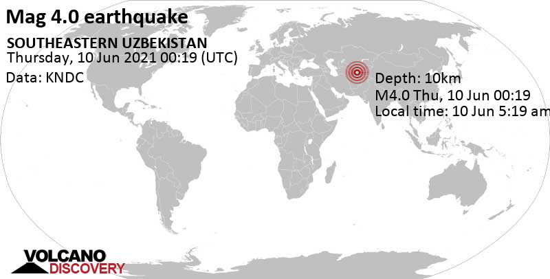 Moderate mag. 4.0 earthquake - 57 km north of Denov, Surxondaryo Region, Uzbekistan, on 10 Jun 5:19 am (GMT +5)