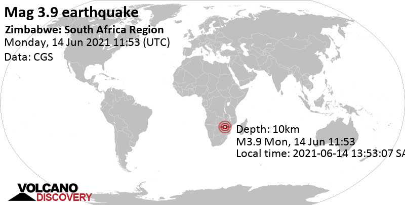 Moderate mag. 3.9 earthquake - 58 km northeast of Gweru, Midlands Province, Zimbabwe, on 2021-06-14 13:53:07 SAST (GMT+02:00)