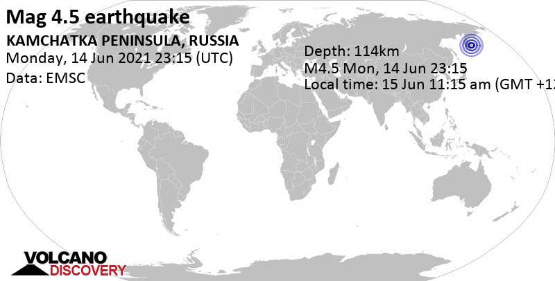 Light mag. 4.5 earthquake - 249 km northeast of Kamchatkataagy Petropavlovskaj, Russia, on 15 Jun 11:15 am (GMT +12)