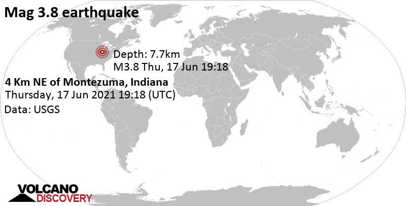 Moderate mag. 3.8 earthquake - 26 mi north of Terre Haute, Vigo County, Indiana, USA, on Thursday, Jun 17, 2021 at 3:18 pm (GMT -4)