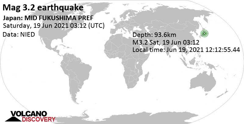 Sehr schwaches Beben Stärke 3.2 - 12 km südwestlich von Sukagawa, Präfektur Fukushima, Japan, am Samstag, 19. Jun 2021 um 03:12 GMT