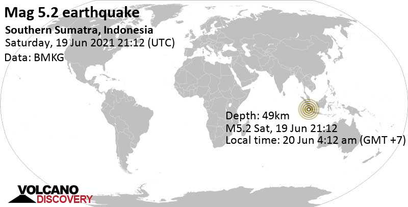 Moderate mag. 5.2 earthquake - Indian Ocean, 104 km south of Benkulu, Bengkulu, Indonesia, on 20 Jun 4:12 am (GMT +7)