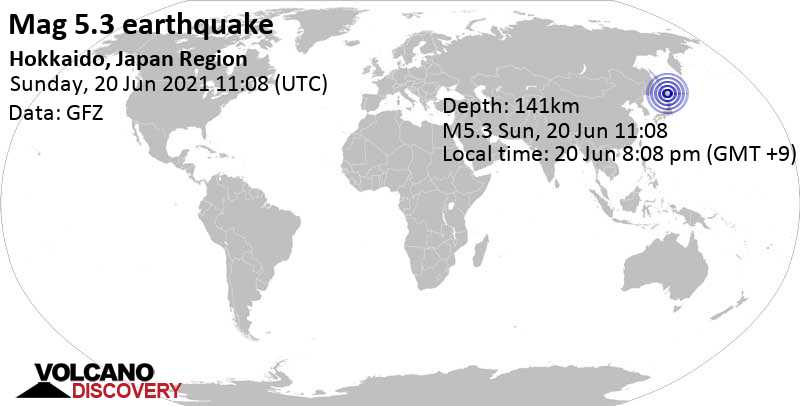 Terremoto moderado mag. 5.3 - 47 km SE of Asahikawa, Hokkaido, Japan, 20 Jun 8:08 pm (GMT +9)