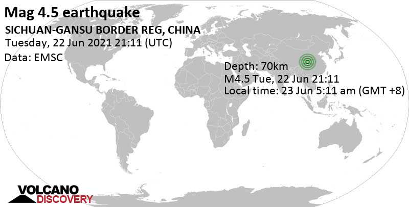 Ελαφρύς σεισμός μεγέθους 4.5 - 69 km δυτικά από Guangyuan, Sichuan, Κίνα, Τρί, 22 Ιου 2021 21:11 GMT