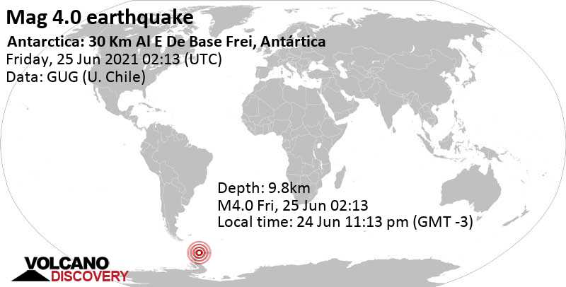 Moderate mag. 4.0 earthquake - South Atlantic Ocean, Antarctica, on 24 Jun 11:13 pm (GMT -3)