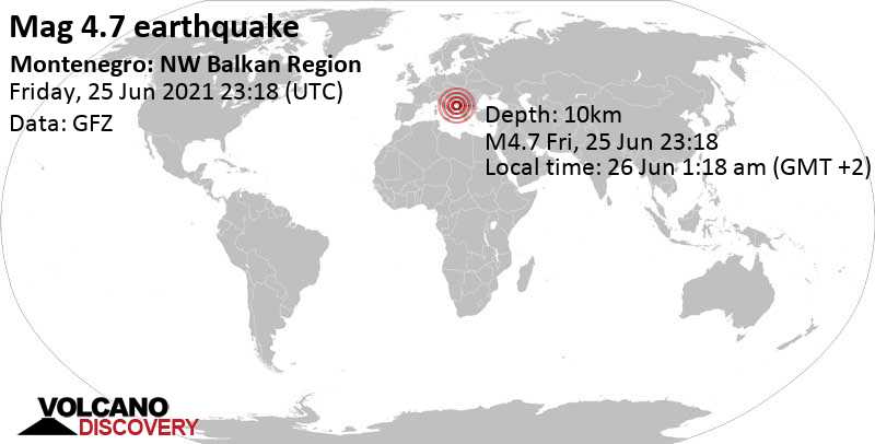 Moderates Erdbeben der Stärke 4.7 - Herceg Novi, 57 km westlich von Podgorica, Montenegro, am Freitag, 25. Jun 2021 um 23:18 GMT