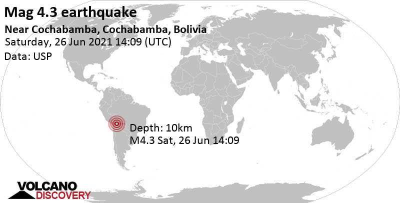 Séisme modéré mag. 4.3 - 35 km au sud-est de Cochabamba, Bolivie, samedi, le 26 juin 2021 14:09