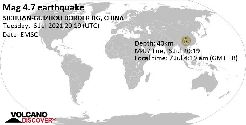 Séisme modéré mag. 4.7 - 48 km au sud-est de Xunchang, Province de Sichuan, Chine, 7 Jul 4:19 am (GMT +8)