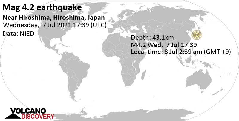 Light mag. 4.2 earthquake - Inland Sea of Japan, 29 km northeast of Matsuyama, Ehime, Japan, on Thursday, Jul 8, 2021 at 2:39 am (GMT +9)