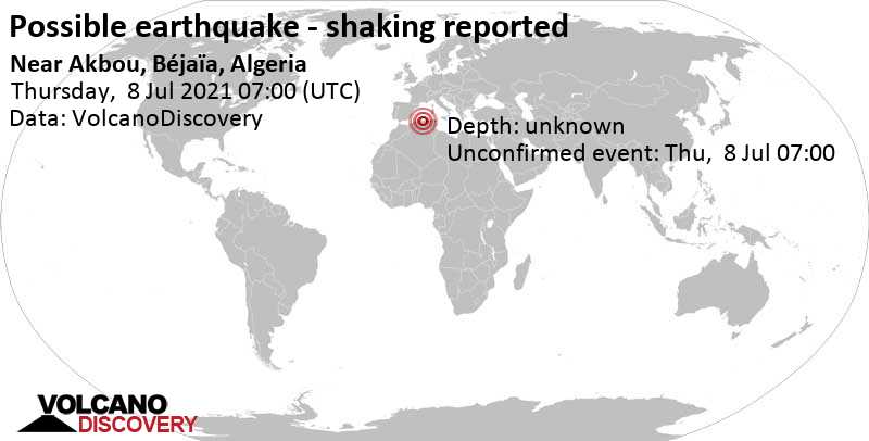Зарегистрированное землетрясение или сходное с землетрясением событие: 1.6 km к северо-западу от Metz, Bejaia, Алжир, Четверг, 08 июля 2021 07:00