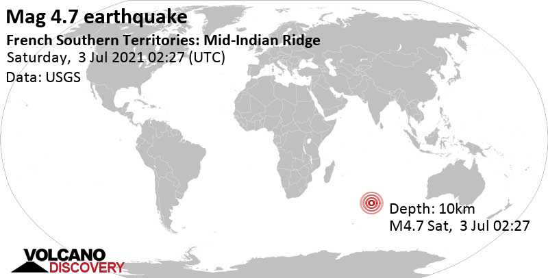 Terremoto moderado mag. 4.7 - Indian Ocean, French Southern Territories, sábado, 03 jul. 2021 02:27