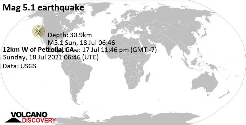 Moderates Erdbeben der Stärke 5.1 - Nordpazifik, 58 km südlich von Eureka, Humboldt County, Kalifornien, USA, am Sonntag, 18. Jul 2021 um 06:46 GMT