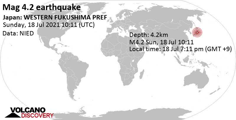 Séisme modéré mag. 4.2 - Préfecture de Fukushima, 46 km à l\'est de Tōkamachi, Japon, dimanche, 18 juil. 2021 19:11 (GMT +9)