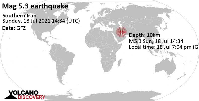 Strong mag. 5.3 earthquake - 43 km north of Borazjan, Bushehr, Iran, on 18 Jul 7:04 pm (GMT +4:30)
