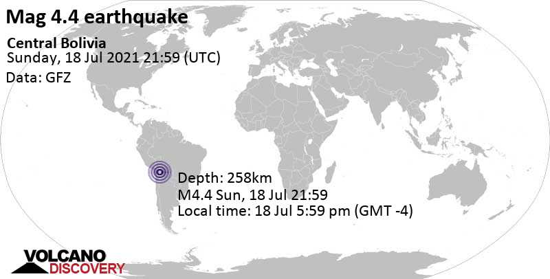 Light mag. 4.4 earthquake - Oruro, 65 km southwest of Llallagua, Bolivia, on 18 Jul 5:59 pm (GMT -4)