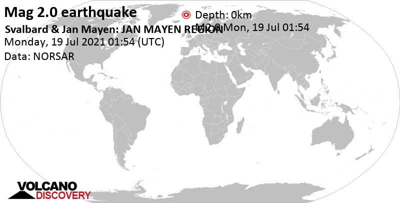 Weak mag. 2.0 earthquake - Norwegian Sea, 43 km northeast of Olonkinbyen, Jan Mayen, on Monday, July 19, 2021 at 01:54 GMT