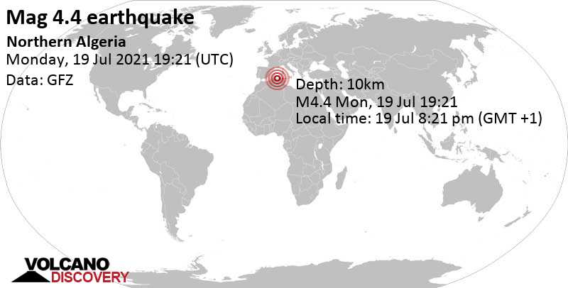 Terremoto moderado mag. 4.4 - 29 km WSW of Jijel, Algeria, 19 Jul 8:21 pm (GMT +1)
