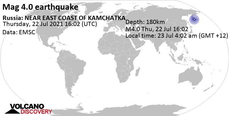 Leichtes Erdbeben der Stärke 4.0 - 56 km nördlich von Yelizovo, Kamtschatka, Russland, am Donnerstag, 22. Jul 2021 um 16:02 GMT