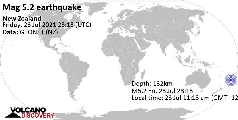 Moderate mag. 5.2 earthquake - South Pacific Ocean, New Zealand, on 23 Jul 11:13 am (GMT -12)