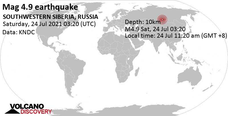 Moderate mag. 4.9 earthquake - 87 km south of Touloun, Irkutsk Oblast, Russia, on 24 Jul 11:20 am (GMT +8)