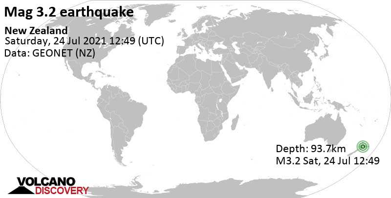 Séisme mineur mag. 3.2 - North Island, 20 km au sud-ouest de Taupo, Waikato, Nouvelle-Zélande, samedi, le 24 juillet 2021 12:49
