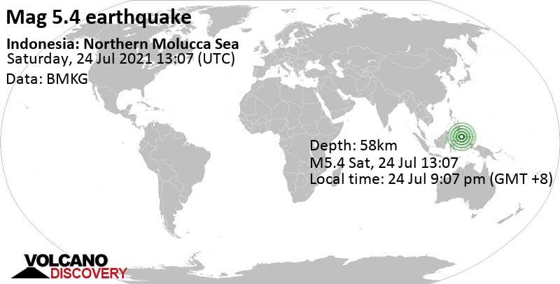 Moderate mag. 5.4 earthquake - Molucca Sea, 263 km northeast of Manado, North Sulawesi, Indonesia, on 24 Jul 9:07 pm (GMT +8)