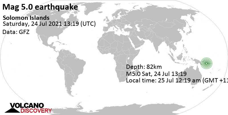 Moderate mag. 5.0 earthquake - Solomon Sea, 58 km west of Gizo, Solomon Islands, on 25 Jul 12:19 am (GMT +11)