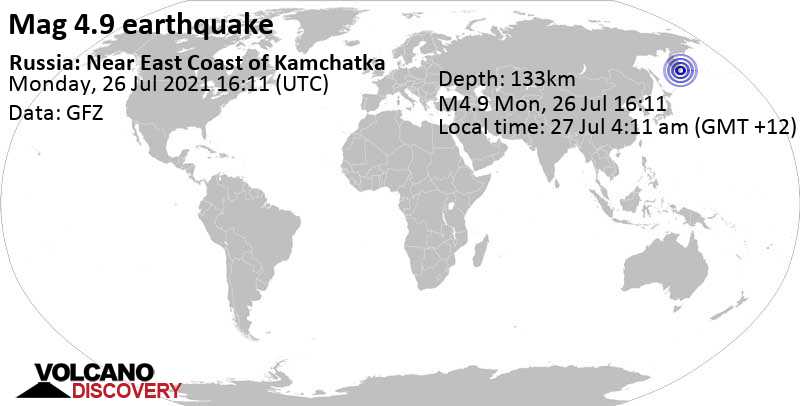 Leichtes Erdbeben der Stärke 4.9 - 8.1 km nordöstlich von Petropawlowsk-Kamtschatski, Kamtschatka, Russland, am Montag, 26. Jul 2021 um 16:11 GMT