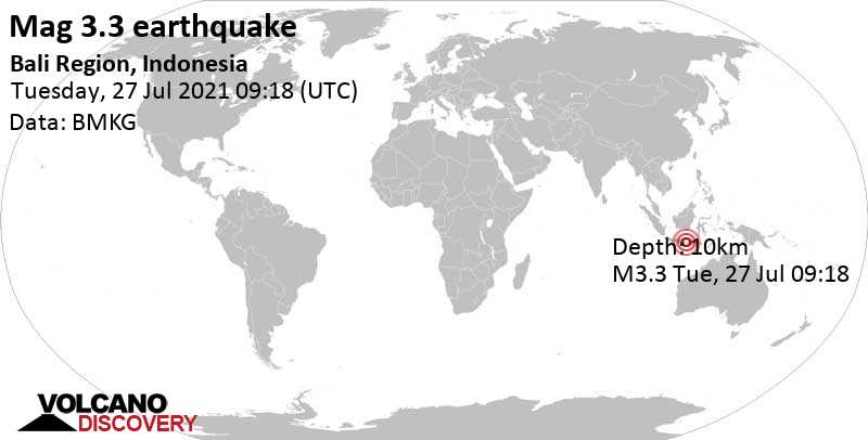 Слабое землетрясение маг. 3.3 - 12 km к западу от Banjar, Bali, Индонезия, Вторник, 27 июля 2021 09:18