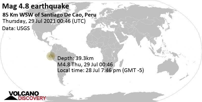 Terremoto moderato mag. 4.8 - South Pacific Ocean, 98 km a sud ovest da Chocope, Perù, 28 Jul 7:46 pm (GMT -5)