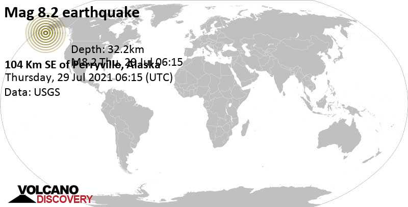 Tremblement de terre majeur magnitude 8.2 - 168 km à l\'est de Sandpoint, Arrondissement d\'Aleutians East, Alaska, États-Unis, jeudi, le 29 juillet 2021 06:15
