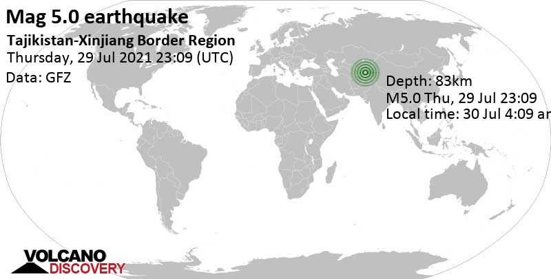 Moderate mag. 5.0 earthquake - Tajikistan-Xinjiang Border Region on 30 Jul 4:09 am (GMT +5)