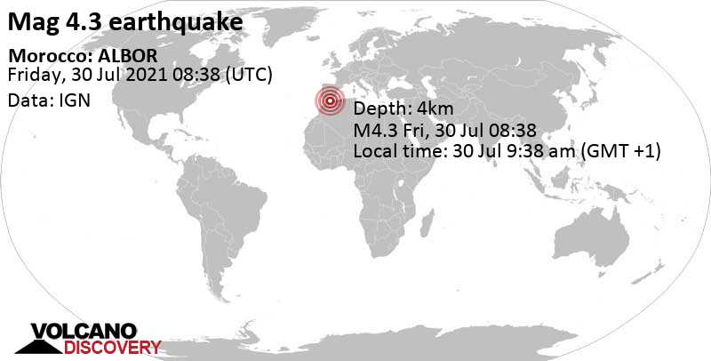 Moderate mag. 4.3 earthquake - Alboran Sea, 36 km northeast of Al Hoceima, Morocco, on 30 Jul 9:38 am (GMT +1)