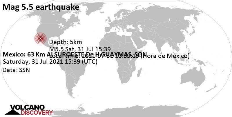Strong mag. 5.5 earthquake - 63 km southwest of Guaymas, Sonora, Mexico, on 2021-07-31 10:39:19 (Hora de México)