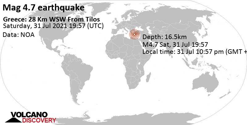 Terremoto moderato mag. 4.7 - Mare Egeo, 62 km a sud da Kos, Dodecanese, Egeo Meridionale, Grecia, 31 Jul 10:57 pm (GMT +3)