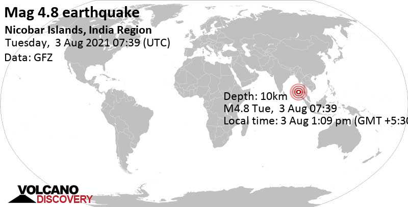 Moderate mag. 4.8 earthquake - Andaman Sea, India, on Tuesday, Aug 3, 2021 at 1:09 pm (GMT +5:30)