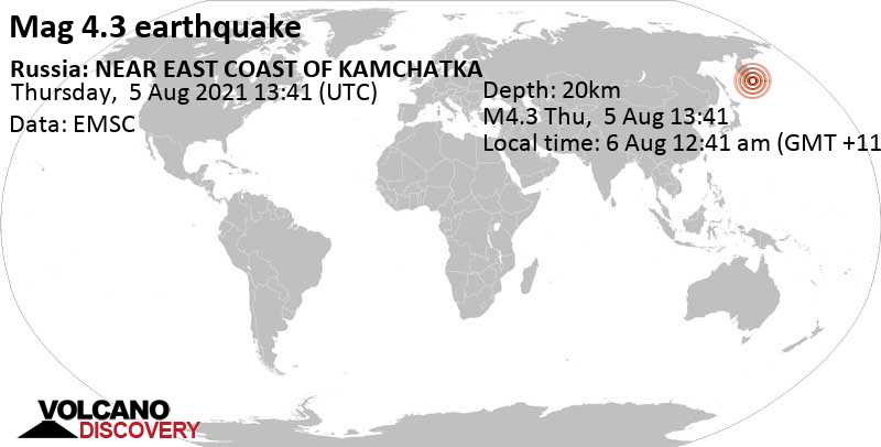 Moderates Erdbeben der Stärke 4.3 - Nordpazifik, 129 km südlich von Petropawlowsk-Kamtschatski, Kamtschatka, Russland, am Freitag,  6. Aug 2021 um 00:41 Lokalzeit