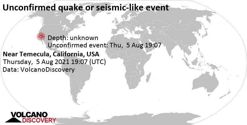Reported quake or seismic-like event: 3.6 mi east of Murrieta, Riverside County, California, USA, Thursday, Aug 5, 2021 at 12:07 pm (GMT -7)