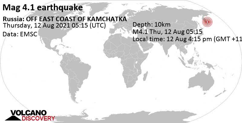 Moderates Erdbeben der Stärke 4.1 - Nordpazifik, Russland, am Donnerstag, 12. Aug 2021 um 16:15 Lokalzeit