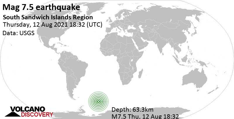 Major magnitude 7.5 earthquake - South Atlantic Ocean, South Georgia & South Sandwich Islands, on Thursday, Aug 12, 2021 at 4:32 pm (GMT -2)