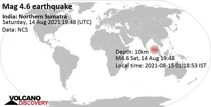 Terremoto moderato mag. 4.6 - Golfo del Bengala, India, 220 km a ovest da Banda Aceh, Indonesia, domenica, 15 ago 2021 01:18 (GMT +5:30)