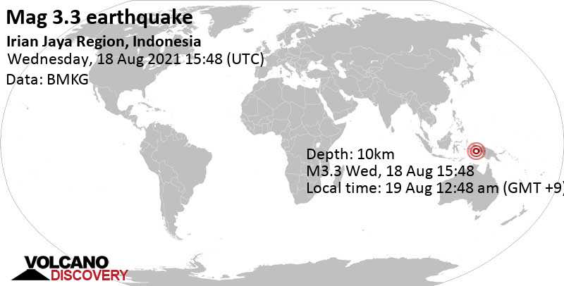 Leichtes Erdbeben der Stärke 3.3 - Aru Sea, 179 km nordöstlich von Tual, Maluku, Indonesien, am Donnerstag, 19. Aug 2021 um 00:48 Lokalzeit