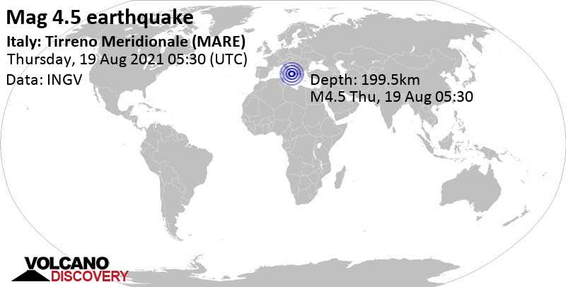 Слабое землетрясение маг. 4.5 - Тирренское море, 57 km к западу от Lamezia Terme, Италия, Четверг, 19 авг 2021 06:30 (GMT +1)
