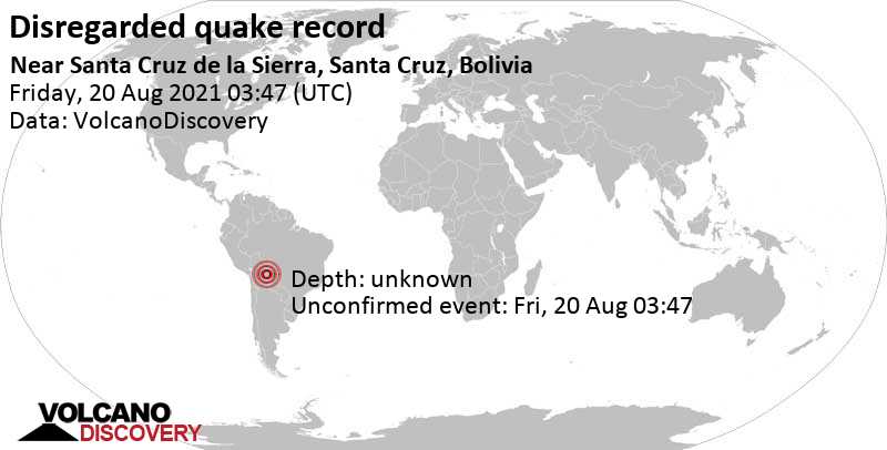 Rivisto come sismo che non ha avuto luogo: magnitudo 3.0, 3.9 km a sud da Santa Cruz de la Sierra, Bolivia, giovedì, 19 ago 2021 23:47 (GMT -4)