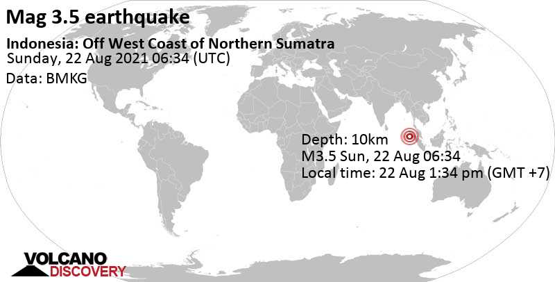 Слабое землетрясение маг. 3.5 - Индийский Океан, 78 km к западу от Sinabang, Индонезия, Воскресенье, 22 авг 2021 13:34 (GMT +7)
