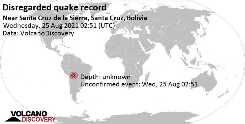 Reported seismic-like event (likely no quake): 8.2 km south of Santa Cruz de la Sierra, Bolivia, Tuesday, Aug 24, 2021 at 10:51 pm (GMT -4)