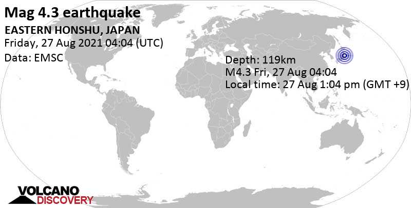 Leichtes Erdbeben der Stärke 4.3 - 11 km westlich von Kōriyama, Präfektur Fukushima, Japan, am Freitag, 27. Aug 2021 um 13:04 Lokalzeit