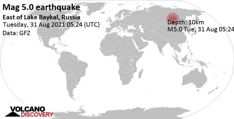 Tremblement de terre fort magnitude 5.0 - 24 km au sud de Severomuysk, République de Bouriatie, Russie, mardi, 31 août 2021 13:24 (GMT +8)