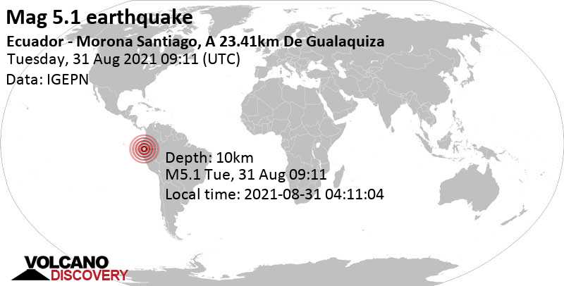 Tremblement de terre fort magnitude 5.1 - Provincia de Morona-Santiago, 89 km au sud-est de Cuenca, Équateur, mardi, 31 août 2021 04:11 (GMT -5)